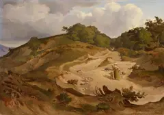 August Lucas, SHEPHERDESS WITH CHILD AND ANIMALS NEAR OLEVANO, Oil on cardboard