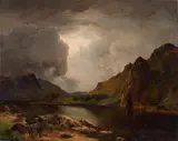 German School first half 19th century, MOUNTAIN LANDSCAPE WITH LAKE, Oil on canvas