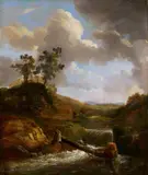 Alexandre Calame, HILLY LANDSCAPE WITH CASTLE, STREAM AND SHEPPHERDS, Oil on panel