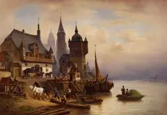 Wilhelm Alexander Meyerheim, A STAGE COACH AT A HARBOUR IN POMERANIA, Oil on canvas