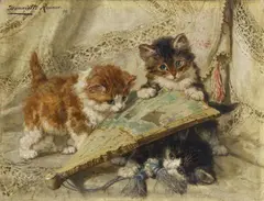 Henriëtte Ronner-Knip, THREE CATS WITH A FAN(INNOCENCE), Oil on panel