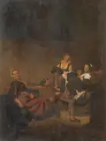 INTERIOR WITH FIGURES AT A TABLE by attributed to Cornelis Pietersz Bega, Oil on panel, sold Sep 2011