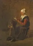 attributed to Quiringh van Brekelenkam, OLD WOMAN AT THE SPINNING WHEEL, Oil on panel