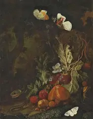 attributed to Carl Wilhelm de Hamilton, STILL LIFE WITH FRUITS, BUTTERFLIES AND SNAKE, Oil on panel