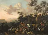 Netherlandish School 17th century, LANDSCAPE WITH ANTIQUE RUINS, SHEPHERDS AND SHEEPFLOCK