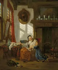 Abraham van Stry the Elder, INTERIOR WITH AN OLD WOMAN AND HER GRANDCHILD, Oil on panel