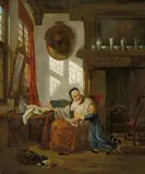 Abraham van Stry the Elder, INTERIOR WITH AN OLD WOMAN AND HER GRANDCHILD, Oil on panel