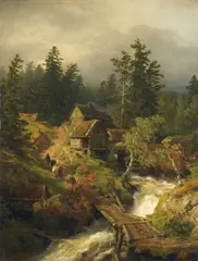 Andreas Achenbach, MOUNTAIN LANDSCAPE WITH TORRENT AND WATER-MILL, Oil on panel