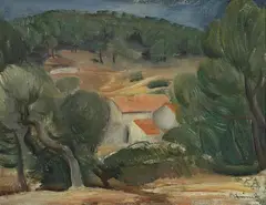 Heinrich Brüne, HILLY LANDSCAPE WITH HOUSES, Oil on canvas
