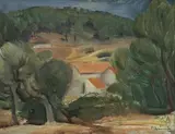 Heinrich Brüne, HILLY LANDSCAPE WITH HOUSES, Oil on canvas