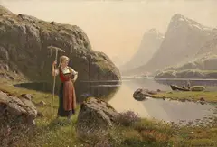Hans Dahl, HEYHARVEST AT THE SHORE OF A NORWEGIAN MOUNTAIN LAKE, Oil on canvas