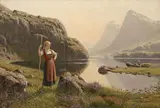 Hans Dahl, HEYHARVEST AT THE SHORE OF A NORWEGIAN MOUNTAIN LAKE