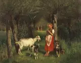 Anton Dieffenbach, A KNITTING GIRL WITH TWO GOATS AND A DOG, Oil on canvas