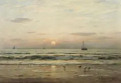 Eugen Dücker, COASTAL LANDSCAPE WITH SUNSET, Oil on canvas (relined)