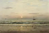 Eugen Dücker, COASTAL LANDSCAPE WITH SUNSET, Oil on canvas (relined)