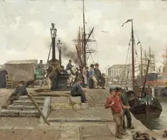Edgard Farasyn, THE HARBOUR IN ANTWERP WIT HSAILORS, Oil on canvas