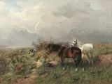 Ludwig Benno Fay, LANDSCAPE WITH TWO HORSES AND A HUNTING DOG, Oil on canvas