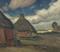 Eugen Kampf, FARMSTEADS AT A VILLAGE STREET, Oil on canvas