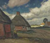 Eugen Kampf, FARMSTEADS AT A VILLAGE STREET, Oil on canvas