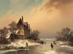 Dietrich Langko, WINTER LANDSCAPE WITH FROZEN RIVER, Oil on panel