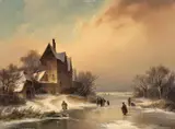 Dietrich Langko, WINTER LANDSCAPE WITH FROZEN RIVER, Oil on panel