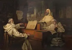 Richard Linderum, MONKS PLAYING MUSIC, Oil on panel (parquetted)