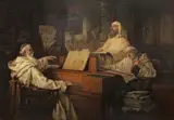 Richard Linderum, MONKS PLAYING MUSIC, Oil on panel (parquetted)
