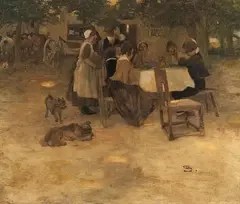 RESTING INFRONT OF A TAVERN by Wilhelm Schreuer, Mixed media on hardboard, sold Sep 2011