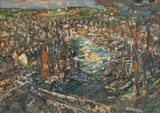 Julius Seyler, RIVER LANDSCAPE WITH HOUSES, BOATS AND A BRIDGE