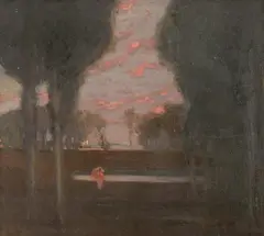 Hermann Urban, VIEW OF A PARK IN IN THE EVENING WITH A FEMALE FIGURE, Oil on canvas