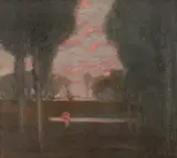 Hermann Urban, VIEW OF A PARK IN IN THE EVENING WITH A FEMALE FIGURE, Oil on canvas