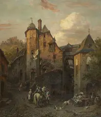 August von Wille, VIEW OF BEILSTEIN WITH SOLDIERS IN FRONT OF A TAVERN, Oil on canvas