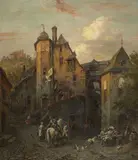 August von Wille, VIEW OF BEILSTEIN WITH SOLDIERS IN FRONT OF A TAVERN, Oil on canvas