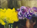 Klaus Fußmann, Untitled (Yellow and violet blossoms), Gouache, pastel chalk and ink on textured paper