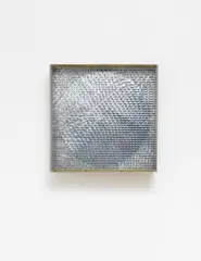Heinz Mack, Untitled (Rotor), Kinetic object with rotating mirror in front aluminium surface behind wavy glass in white painted wood case
