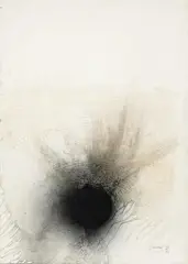 Thaw by Otto Piene, Oil, applied through a grid, traces of fire and soot on sturdy cardboard with embossed stamp "SCHOELLERSHAMMER", sold Jun 2011