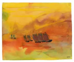 Emil Nolde, Segler im rot-gelben Abendmeer (Sailing Boats in Red and Yellow Evening Sea), Watercolour and India ink on thin fibrous Japan paper