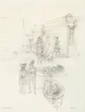 Hans Bellmer, Bühnenszene (Stage Scene), Pencil drawing on thin, blue-checked sketchbook paper with rounded corners
