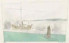 Lyonel Feininger, Frachtschiff und Segler. Rückseitig: Skizze eines Seestücks (Freighter and Yacht. Verso: Sketch of a Seascape), Watercolour and pen and ink drawing, resp. pen and ink drawing over pencil on chamois coloured laid paper