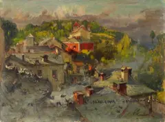 Vittorio Cavalleri, Blick über Dächer auf südliche Berglandschaft (View over Rooftops to Southern Hillsides), Oil on cardboard