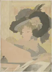 Georges de Feure, Femme lisant - Lesende Frau mit Federhut (Femme lisant - Reading Woman with Feather Hat), Watercolour and gouache on firm, slightly textured drawing paper