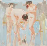 Max Kaus, Badende (Bathers), Watercolour and red coloured chalk on firm Japan paper