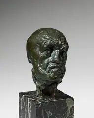 L'Homme au nez cassé, petite tête by Auguste Rodin, Bronze sculpture. Height 12.8 cm. Mounted on green-grained marble base (, sold Jun 2011