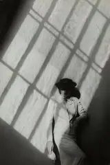 Imre Szántó, WHITE SHANTUNG SUIT AND WHITE SILK MOUSSELIN BLOUSE, Ferrotyped vintage gelatin silver print
