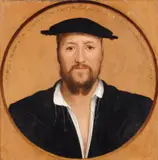 PORTRAIT GEORGE BROOKE, NINTH BARON COBHAM by follower of Hans Holbein the Younger, Oil on panel, sold May 2011