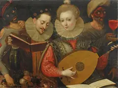 French School, second half 16th century, COUPLE PLAYING MUSIC, Oil on panel