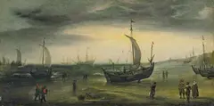 Hendrick Vroom, COASTAL LANDSCAPE WITH DUTCH SAILING SHIPS, Oil on panel