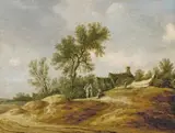 Pieter de Neyn, DUNE LANDSCAPE WITH THREE RESTING PEASANTS IN FRONT OF A FARMSTEAD, Oil on panel