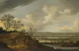 Johann Pietersz Schoeff, WIDE RIVER LANDSCAPE WITH WANDERERS AND HORSEMEN, Oil on panel (parquetted)