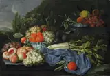 Jan Pauwel Gillemans the Elder, FRUIT STILL LIFE WITH CELERY, PEACHES, ORANGES AND GRAPE IN A CHINA BOWLE, Oil on canvas (relined)